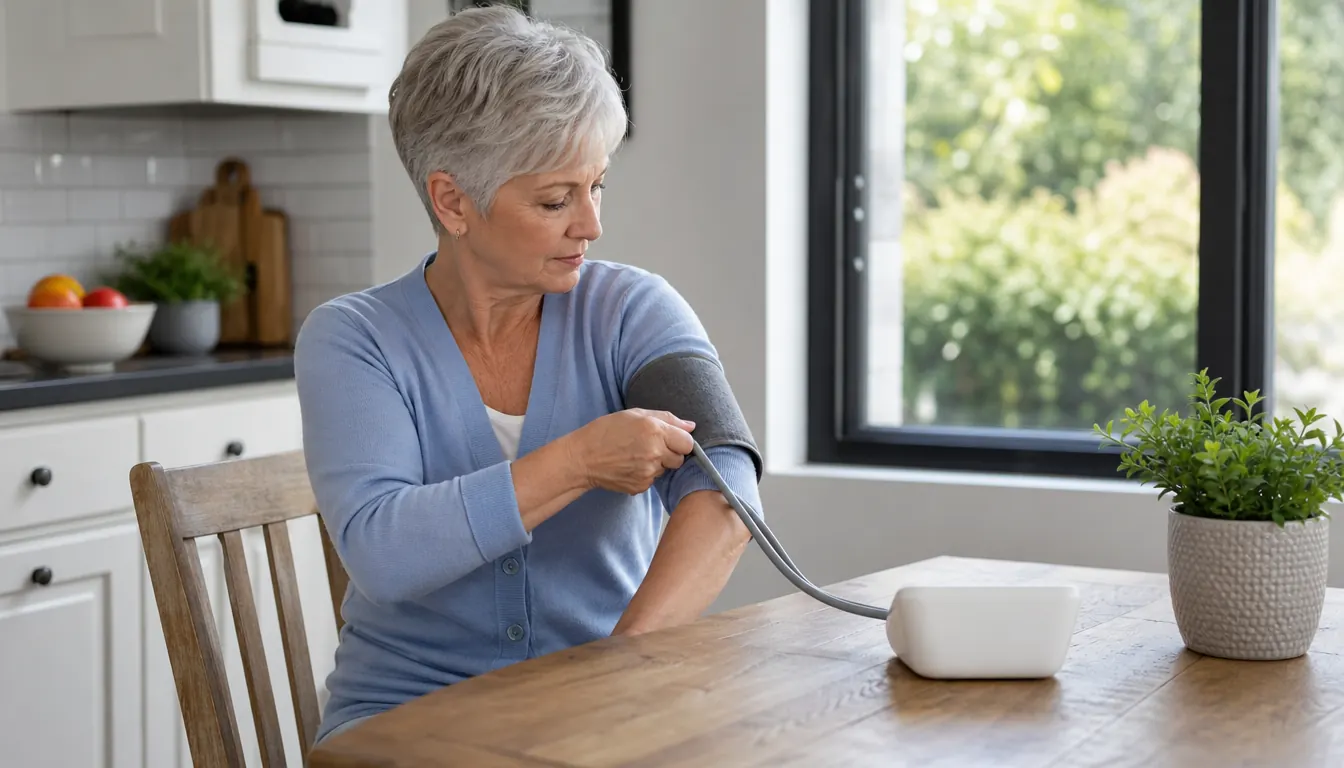 A woman in her sixties wraps an upper arm blood pressure cuff around her left arm while seated at a kitchen table, looking at the monitor's LCD display.
