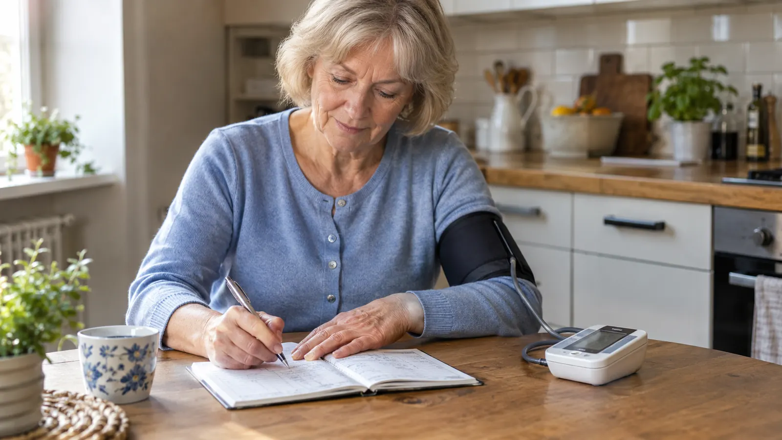 A woman in her sixties writes in a paper log book at a kitchen table with a blood pressure monitor beside her, quiet afternoon light.
