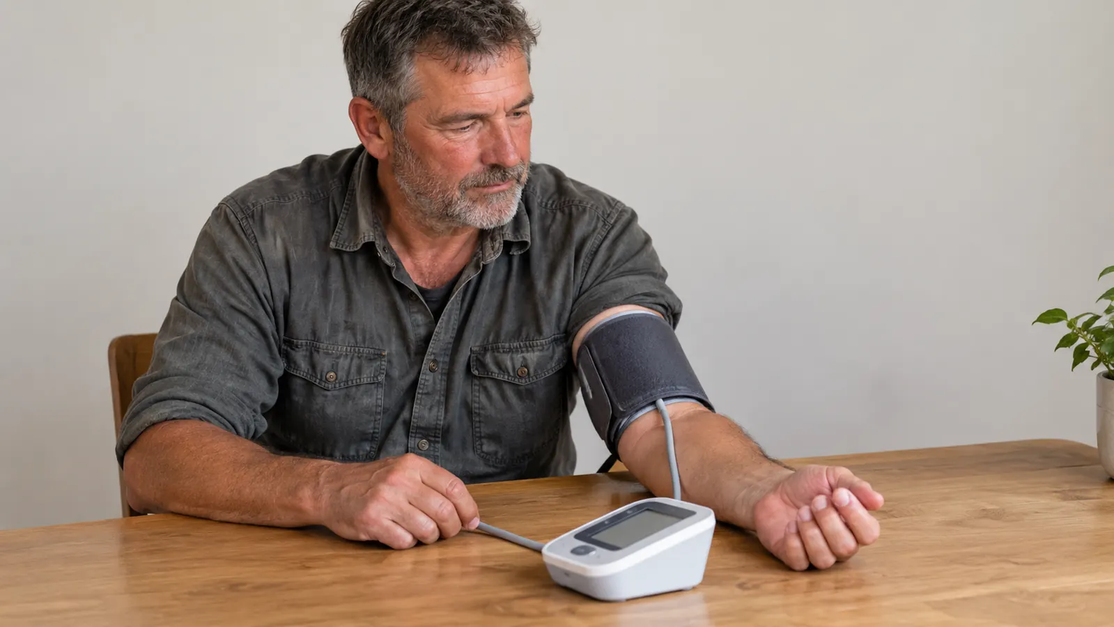 A person's left arm resting on a kitchen table with an upper arm blood pressure cuff wrapped around it, neutral background