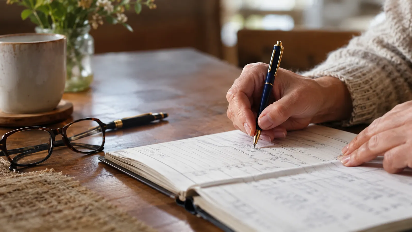 A hand writing blood pressure readings in a paper log book at a kitchen table, reading glasses nearby