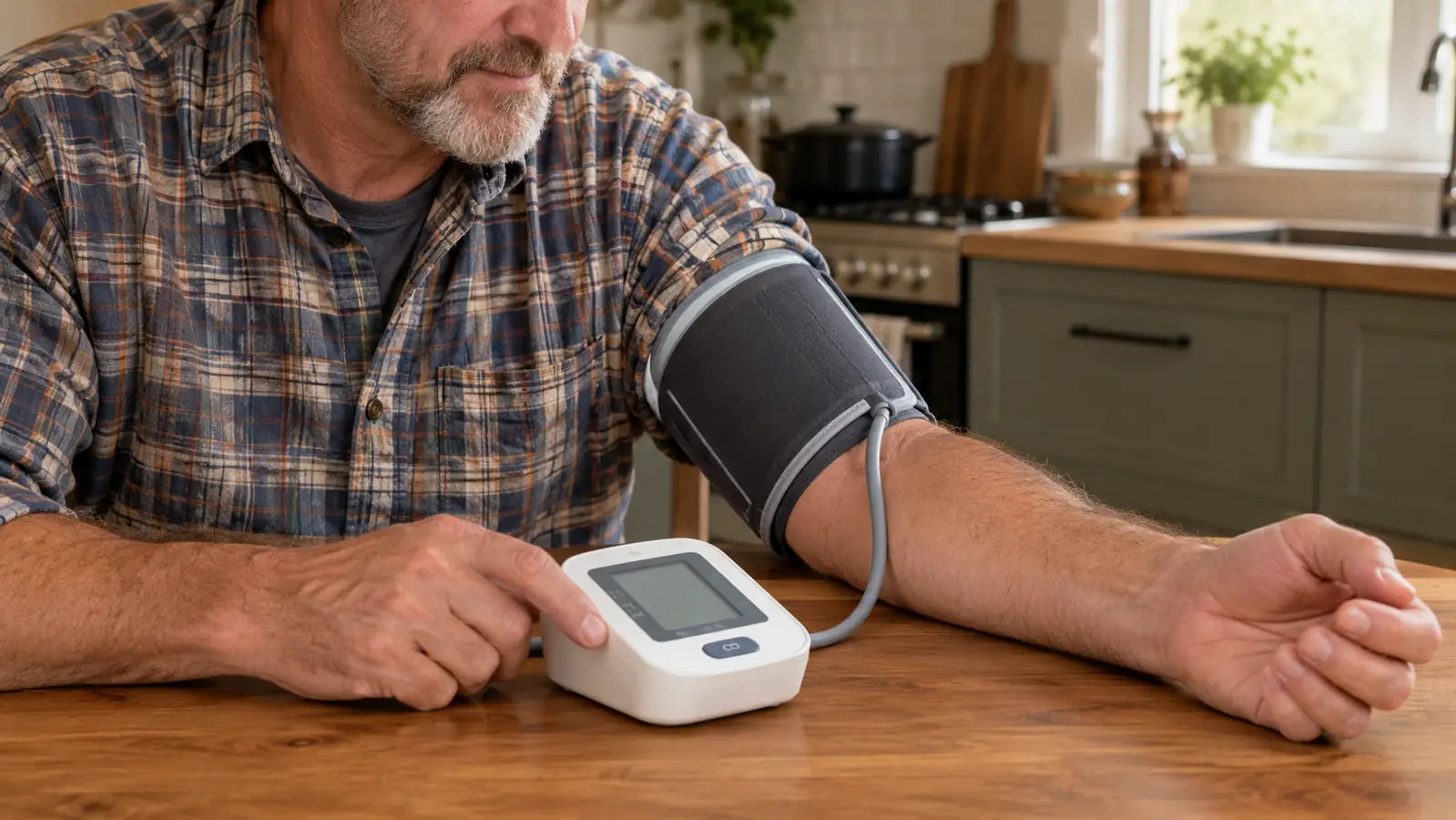 A person's hand placing an upper-arm blood pressure cuff around their arm at heart level